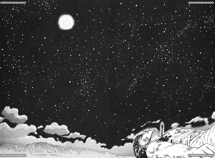 ilustrasi pria berbaring, bintang, monokrom, langit, seni fantasi, Berserk, Kentaro Miura, Wallpaper HD