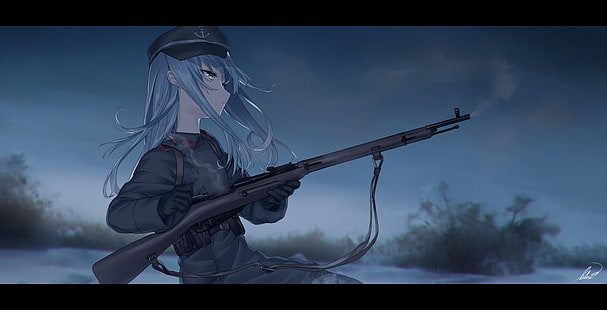 anime, dziewczyny anime, kolekcja Kantai, Hibiki (KanColle), broń, pistolet, długie włosy, Mosin-Nagant M91 / 30, Tapety HD HD wallpaper