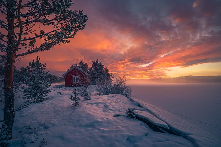 winter, snow, trees, sunset, Norway, house, RINGERIKE, frozen lake, HD wallpaper