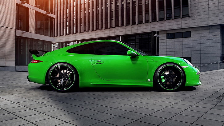 green 3-door hatchback, car, Porsche, Porsche Carrera 4S, Porsche 911, Porsche 911 Carrera 4S, green cars, side view, HD wallpaper