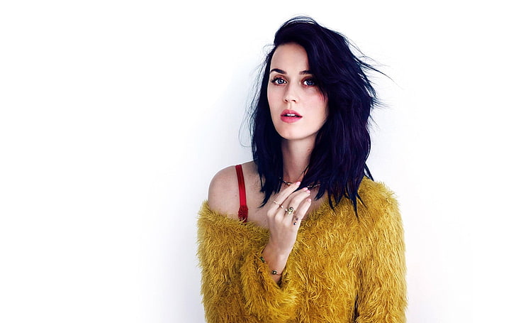 Katy Perry mengenakan sweater bulu coklat, Katy Perry, penyanyi, musik, mata biru, Wallpaper HD