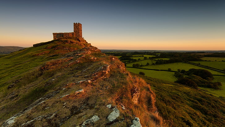 brown castle, castle, landscape, church, England, national park, hill, medieval, HD wallpaper