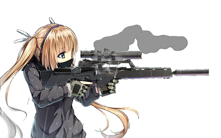 женщина с шатенкой, держащая винтовку, аниме, пистолет, Guns GirlZ, оригинальные персонажи, два хвостика, HD обои