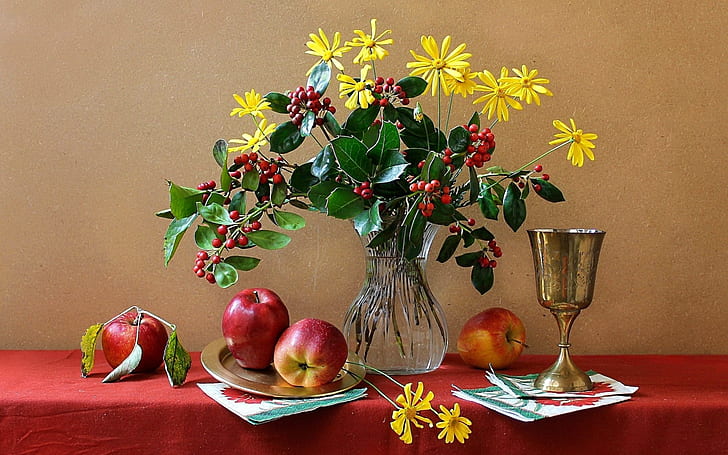 Натюрморт, цветы, ваза, чашка, яблоко, Натюрморт, цветы, ваза, чашка, яблоко, HD обои