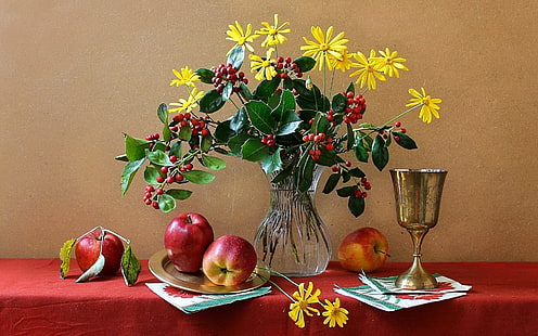 Stilleben, blommor, vas, kopp, äpple, stilleben, blommor, vas, kopp, äpple, HD tapet HD wallpaper
