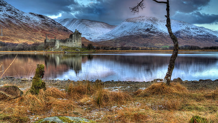 Escócia, Castelo de Kilchurn, ruínas, lago, montanhas, nuvens, Escócia, Castelo de Kilchurn, ruínas, Lago, montanhas, Nuvens, HD papel de parede