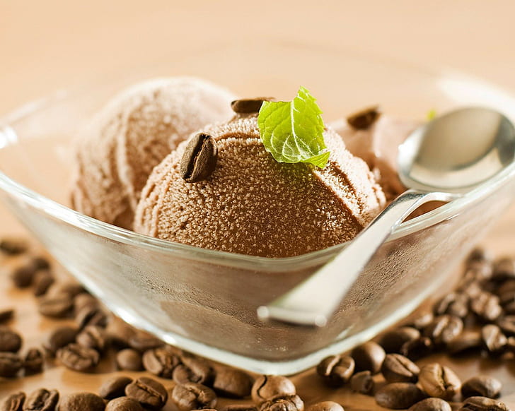 ice cream, coffee beans, dessert, food, mint leaves, HD wallpaper