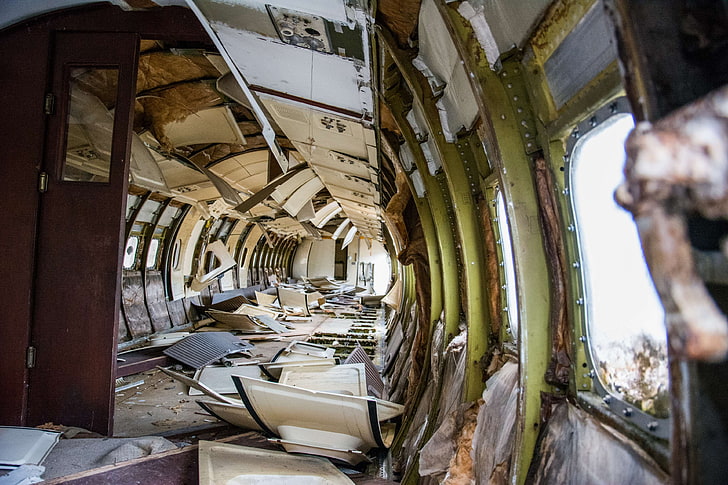 aircraft, airplane, broken, demolished, destroyed, interior, old, plane, wreck, HD wallpaper