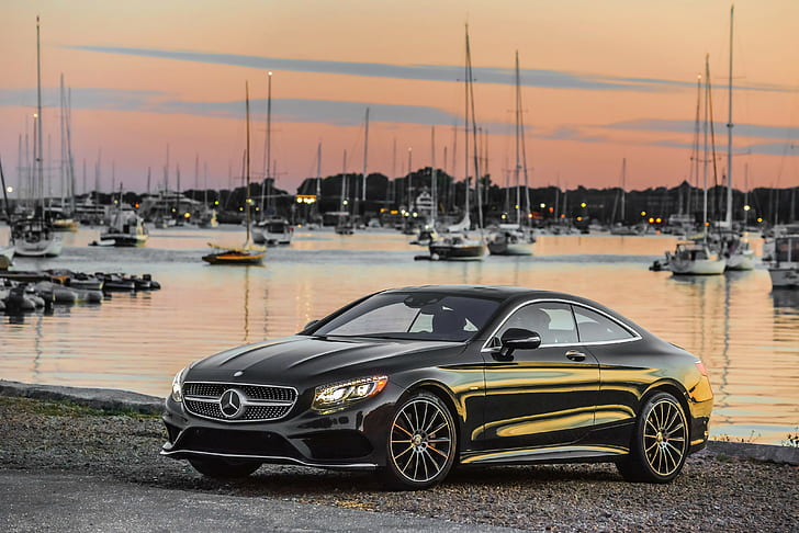 Mercedes-Benz, S 550, black mercedes benz sedan, 2014, beach, Mercedes, AMG, Mercedes-Benz, S 550, yacht, S-Class, C217, Black, HD wallpaper