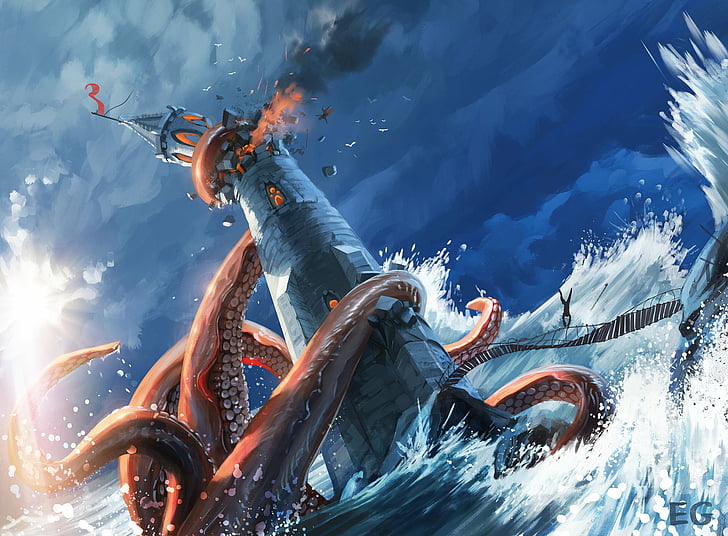 Fantasi, Monster Laut, Kraken, Mercusuar, Wallpaper HD