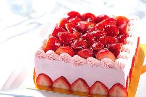 клубничный торт, ягоды, еда, клубника, торт, сливки, десерт, сладкое, чизкейк, клубника, HD обои HD wallpaper