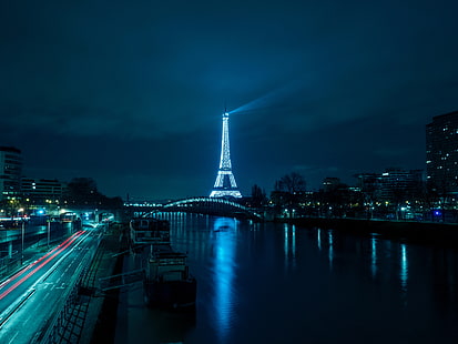Lampu kota, Cityscape, Lalu lintas malam, Menara Eiffel, 4K, Refleksi, Prancis, Malam, Paris, Wallpaper HD HD wallpaper
