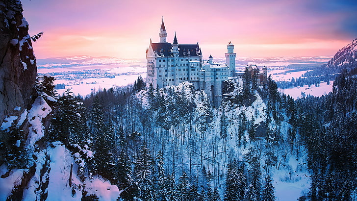 сняг, зашеметяващ, живописен, Швангау, лилаво небе, Европа, Алпи, сутрин, туристическа атракция, замръзване, замък Нойшванщайн, Нойшванщайн, дърво, планина, Германия, забележителност, Бавария, небе, природа, зима, HD тапет