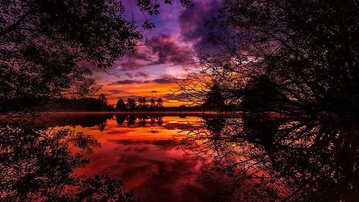 отражение, здрач, залез, езеро, оранжево небе, живописно, вечер, HD тапет
