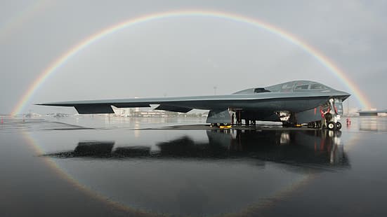 Northrop Grumman B-2 Spirit, Бомбардировщик, стратегический бомбардировщик, стелс, радуга, дождь, ВВС США, природа, технологии, HD обои HD wallpaper