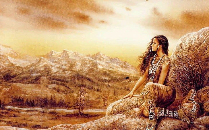 пейзаж, Луис Ройо, фэнтезийная девушка, фэнтези-арт, коренные американцы, HD обои