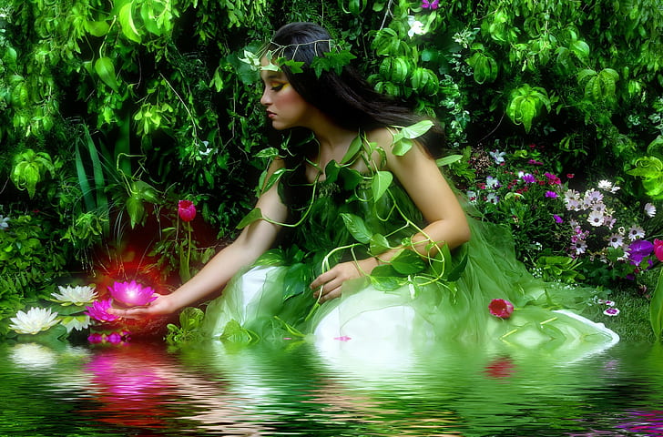 Fantasy, Fairy Tale, Girl, Water Lily, Pond, Beautiful, Flowers, fantasy, fairy tale, girl, water lily, pond, beautiful, flowers, HD wallpaper