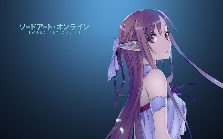 illustration de personnage d'anime femelle aux cheveux bruns et violets, anime, filles anime, Sword Art Online, Yuuki Asuna, brune, cheveux longs, ornement de cheveux, fond simple, yeux bruns, oreilles pointues, Fond d'écran HD