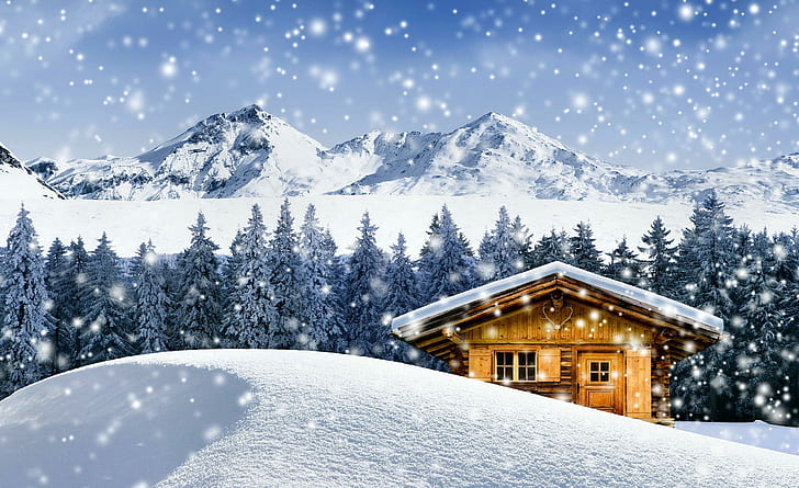 夢の冬のコテージ、茶色の木造住宅、斜面、素敵な、素敵な、山、コテージ、雪、ピーク、冷凍、木製、家、雪、美しい、キャビン、snowflak、 HDデスクトップの壁紙