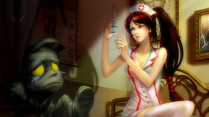 Chica personaje de anime de pelo negro, League of Legends, Akali, enfermeras, Amumu, videojuegos, Fondo de pantalla HD