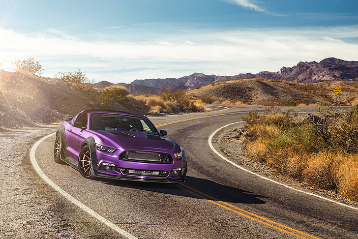 purple coupe running on gray road during daytime, Ford Mustang GT, Purple, Ferrada Wheels, 4K, HD wallpaper