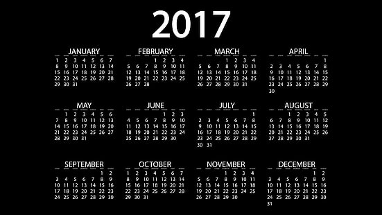 2017 calendar, black background, 2017 (Year), month, calendar, simple, HD wallpaper HD wallpaper