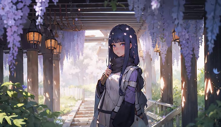 Hyuuga Hinata, Naruto (anime), sanctuaire, lanterne, cheveux bleus, cheveux longs, yeux violets, fleurs violettes, feuilles, escaliers en pierre, filles anime, Fond d'écran HD