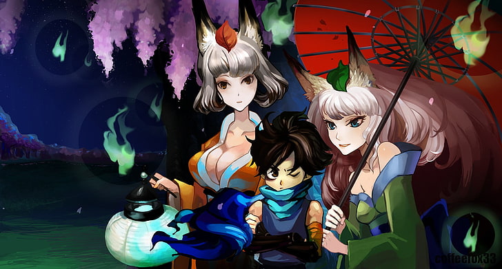 animal, blossoms, blue, boys, brown, brunettes, cherry, cleavage, clothes, detached, dress, ears, eyes, fox, games, girls, green, hair, huge, japanese, lanterns, leaves, long, muramasa, night, oboro, short, skyscapes, stars, trees, umbrellas, video, white, wink, women, HD wallpaper