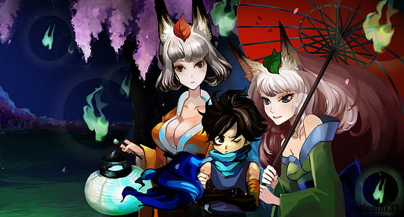 animal, blossoms, blue, boys, brown, brunettes, cherry, cleavage, clothes, detached, dress, ears, eyes, fox, games, girls, green, hair, huge, japanese, lanterns, leaves, long, muramasa, night, oboro, short, skyscapes, stars, trees, umbrellas, video, white, wink, women, HD wallpaper HD wallpaper
