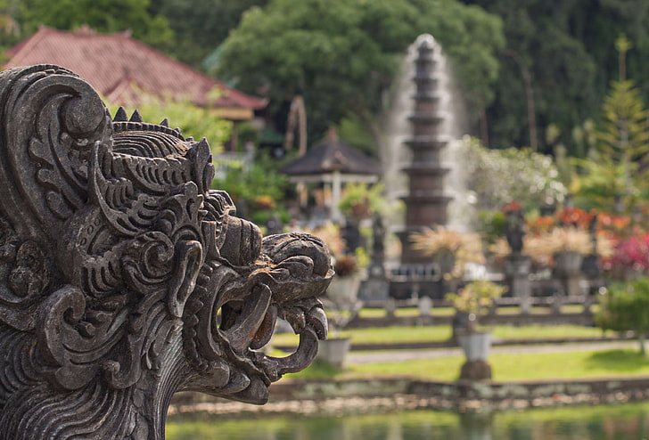 around the world, bali, dragon, fountain, holiday, palace, places of interest, statue, water, water palace, HD wallpaper