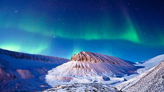 paysage, Nordland, île de Spitzberg, lumières polaires, aurores boréales, L'Europe , Longyearbyen, Svalbard, Norvège, Aurora borealis, montagne, chaîne de montagnes, gel, phénomène, ciel, Arctique, atmosphère, Fond d'écran HD HD wallpaper