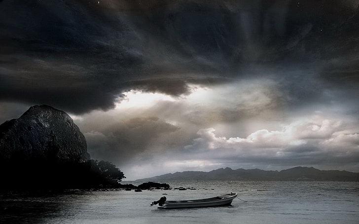 barco cinza, mar, céu, noite, HD papel de parede