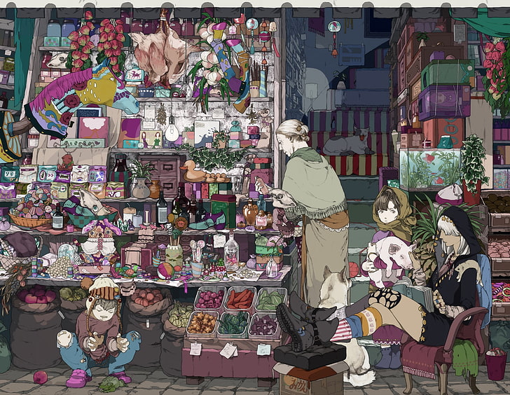 wallpaper toko warna-warni, anime, penuh warna, rinci, pasar, Wallpaper HD
