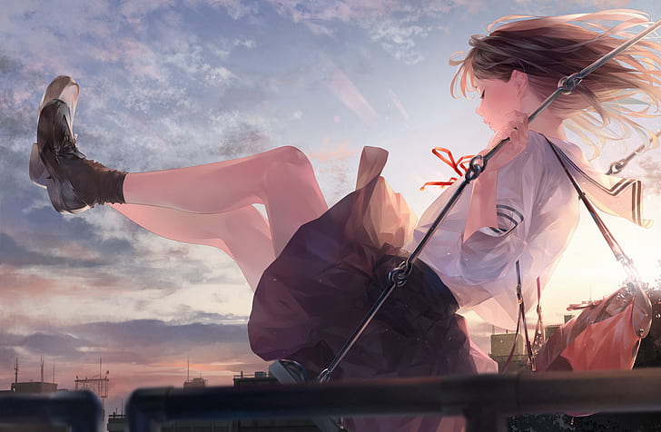 anime girls, sailor uniform, sunset, swings, anime, legs up, legs, brunette, HD wallpaper