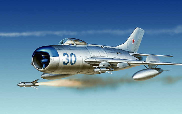 graues flugzeug illustration, krieg, kunst, malerei, luftfahrt, russischer kämpfer, russischer jet, luftkampf, mig 17, HD-Hintergrundbild