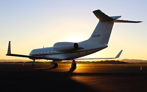 puesta de sol, el avión, pista, Gulfstream G450, aviación de negocios, Fondo de pantalla HD HD wallpaper