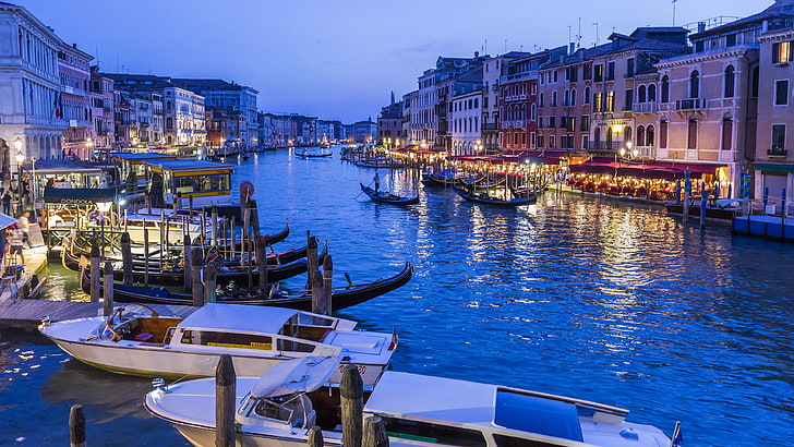 grand canal, venise, italie, europe, crépuscule, soirée, heure bleue, gondole, canal, bateau, bateaux, paysage urbain, Fond d'écran HD