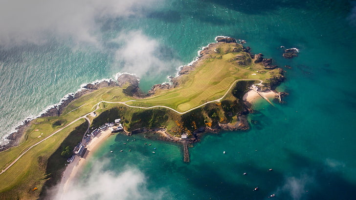 аэрофотосъемка горной скалы, море, побережье, природа, вид с воздуха, Уэльс, Великобритания, HD обои