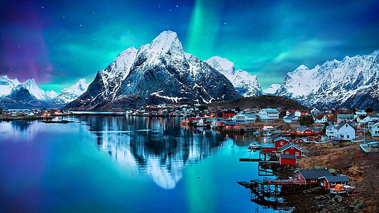 macera, gece ışıkları, lofoten adaları, kar, yıldız, gece gökyüzünde, evler, ayna, yansıma, kova listesi, avrupa, norveç, seyahat, çeşmeler, turistik, aurora, kuzey ışıkları, HD masaüstü duvar kağıdı HD wallpaper