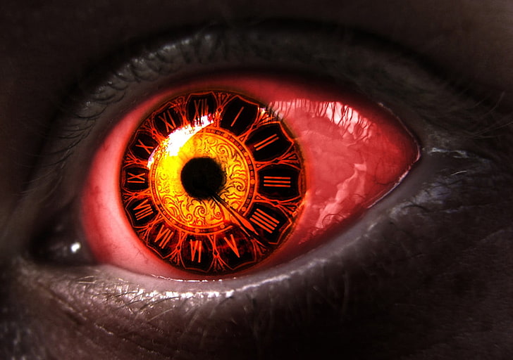 orologio da parati analogico rosso e nero, occhi, Data A Live, Sfondo HD