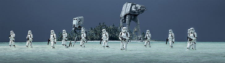 storm troopers, Star Wars, Rogue One: A Star Wars Story, Storm Troopers, AT-AT Walker, AT-ST Walker, AT-ST, AT-AT, beach, water, trees, palm trees, dual monitors, dual display, HD wallpaper