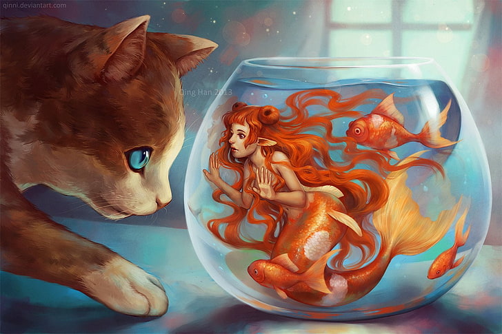 Beauty, cat, fish, hair, Long, mermaid, original, red, HD wallpaper