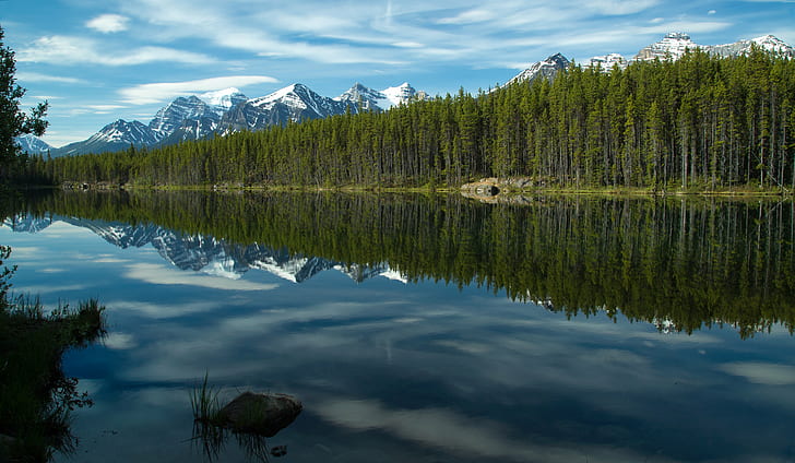 lakeside with trees and snowfield mountain hills under cloudy sky at daytime, Morning, Herbert, jpg, lakeside, snowfield, hills, cloudy, sky, daytime, Alberta, Banff National Park, Canada, Rockies, Scenery, Trees, lake  mountains, nature, reflection, Icefields Parkway, Two Thumbs UP, lake, water, forest, landscape, scenics, outdoors, mountain, tree, summer, beauty In Nature, blue, HD wallpaper