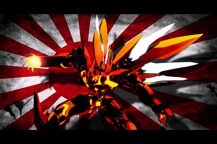 black, white, and red floral textile, mech, digital art, anime, flag, HD wallpaper