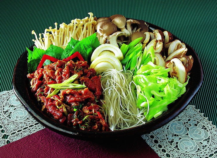 meat dish, dish, mushrooms, vegetables, plate, HD wallpaper