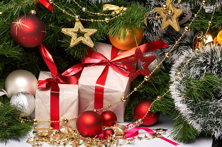 Новый год, праздник, подарки, елочные украшения, елка, мишура, Новый год, праздник, подарки, елочные украшения, елка, мишура, HD обои