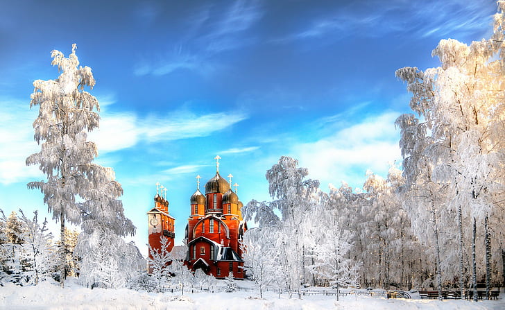 St. Petersburg, Rusia, gereja, arsitektur, es, musim dingin, pohon, Wallpaper HD