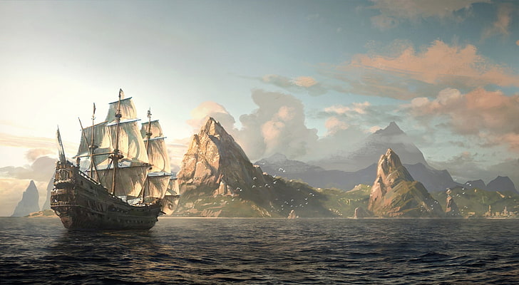 Assassins Creed 4 Black Flag, кафяв пиратски кораб дигитален тапет, игри, Assassin's Creed, кораб, черен флаг, HD тапет