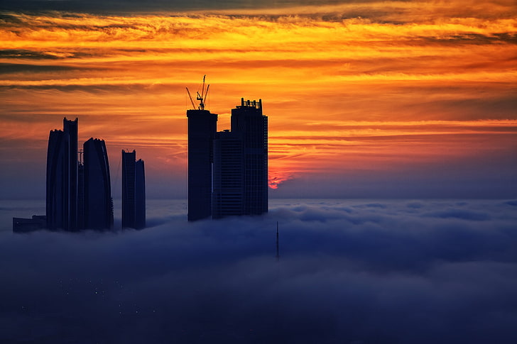 Burj Khalifa, Dubai, langit, awan, matahari terbenam, kabut, rumah, UEA, Abu Dhabi, Uni Emirat Arab, Filippo Foto, Wallpaper HD
