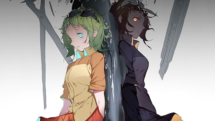 papel de parede de duas personagens de anime feminino, Megpoid Gumi, cabelo verde, cabelo curto, olhando para o espectador, mal, Vocaloid, morena, saia, meninas anime, franja, olhos laranja, tesoura, anime, HD papel de parede